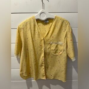 Vintage LINDA BIS – Yellow Floral Button-Front Top – Size S/P
